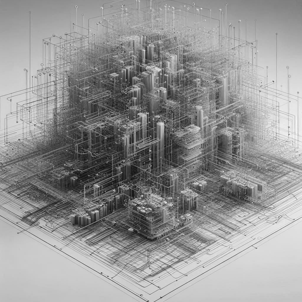 Abstract 3D rendering of a complex network of interconnected lines and nodes
